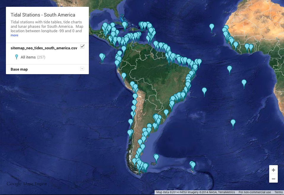 Tidal stations with tide tables, tide charts and lunar phases for South America.  Map location between longitude -99 and 0 and latitude -60 to 18.